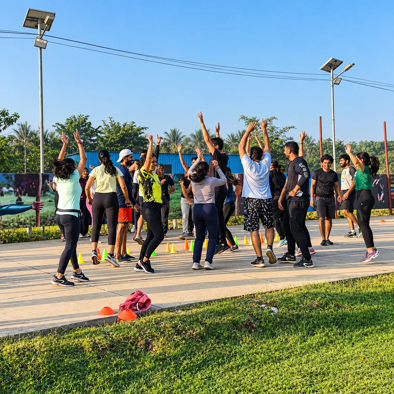 Outdoor group fitness session with arms raised among cones