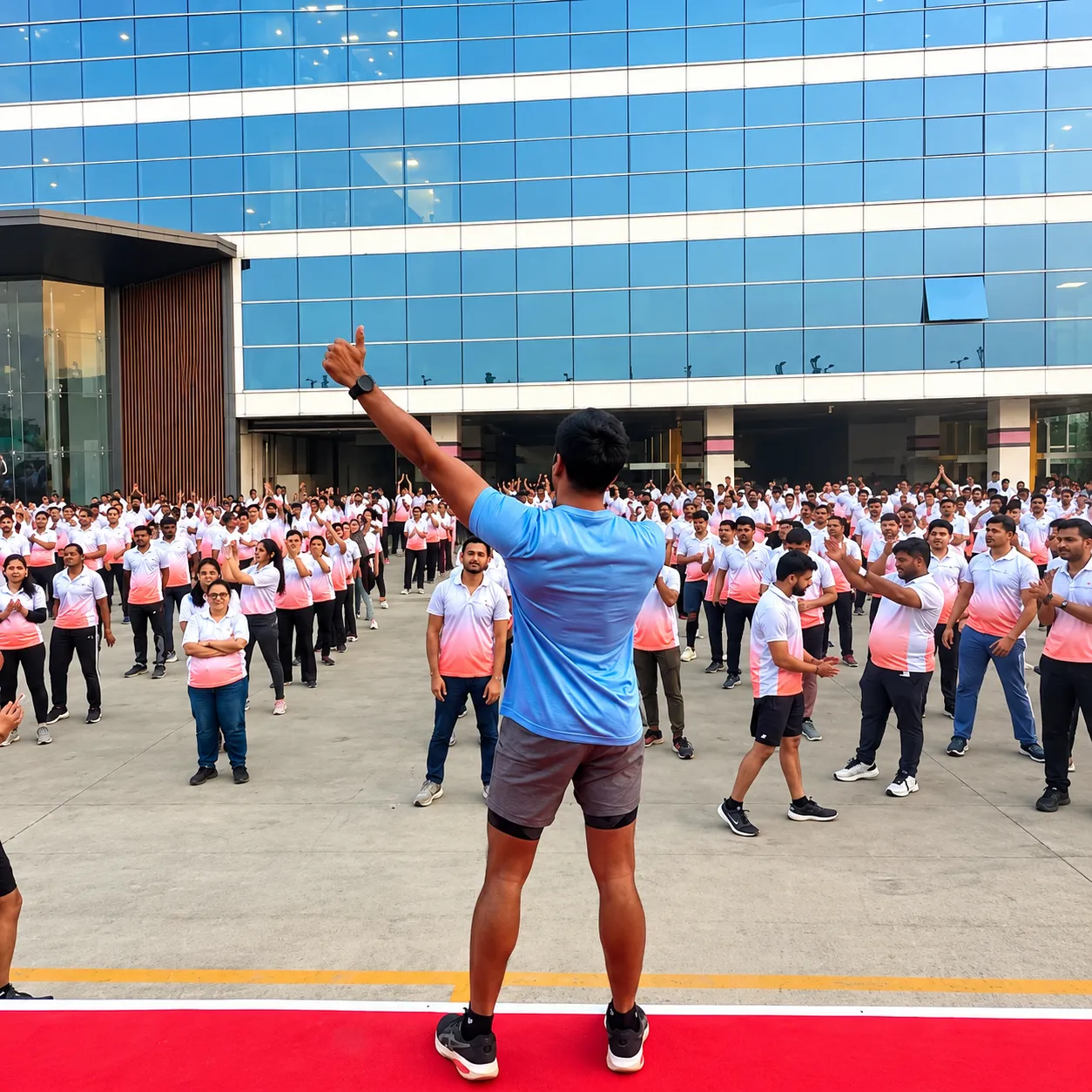 Large corporate group exercise session led from a stage