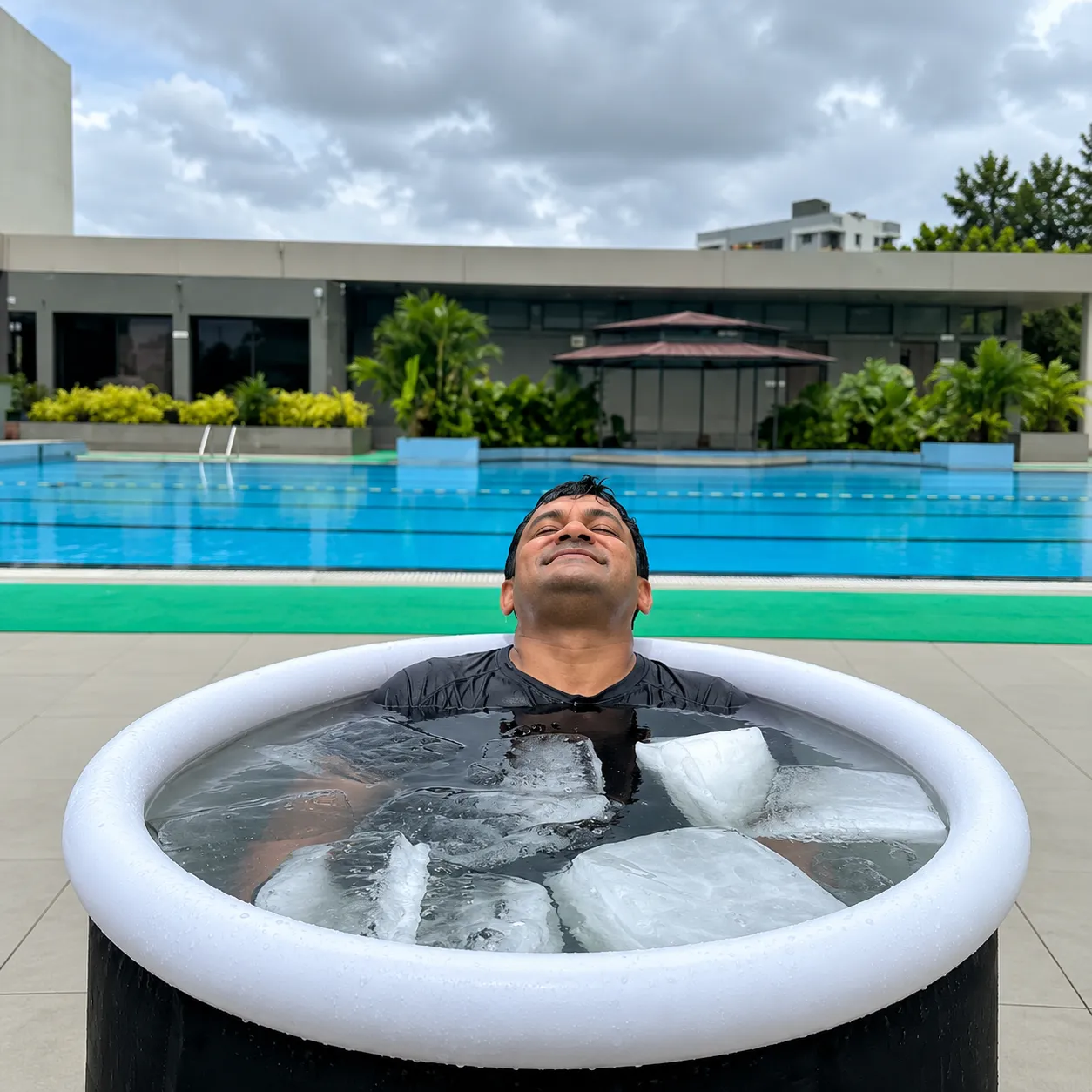 Member relaxing in an ice bath beside a pool