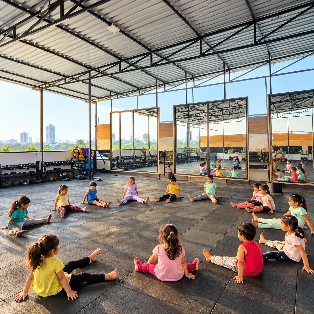 Children seated in a circle for a stretching class on a rooftop studio