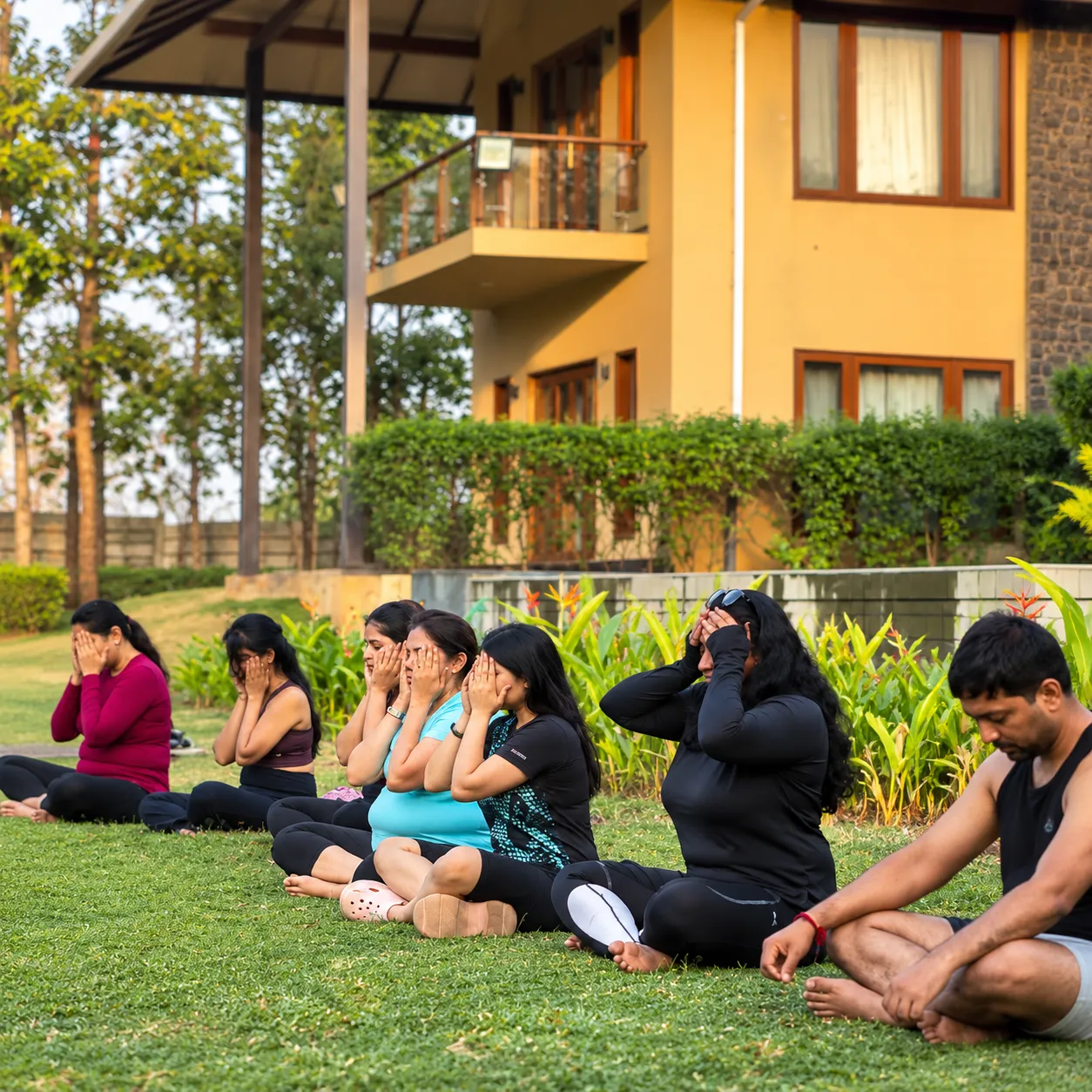Group practising a breathing exercise on a garden lawn