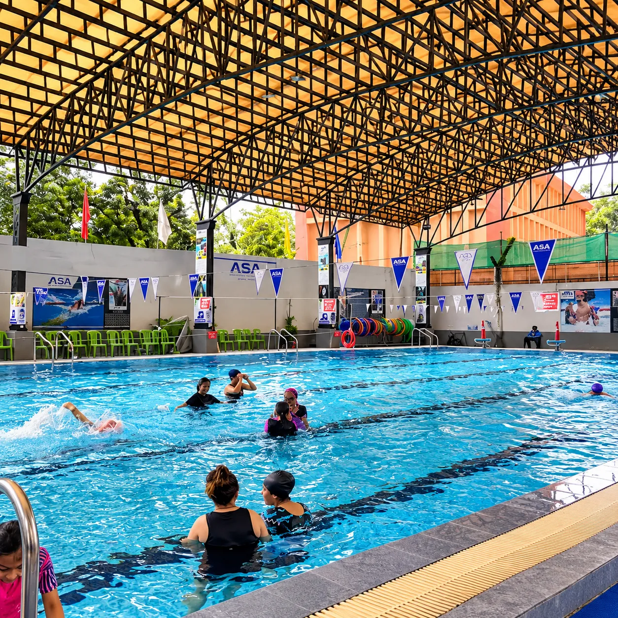Swimmers and coaches in a covered pool