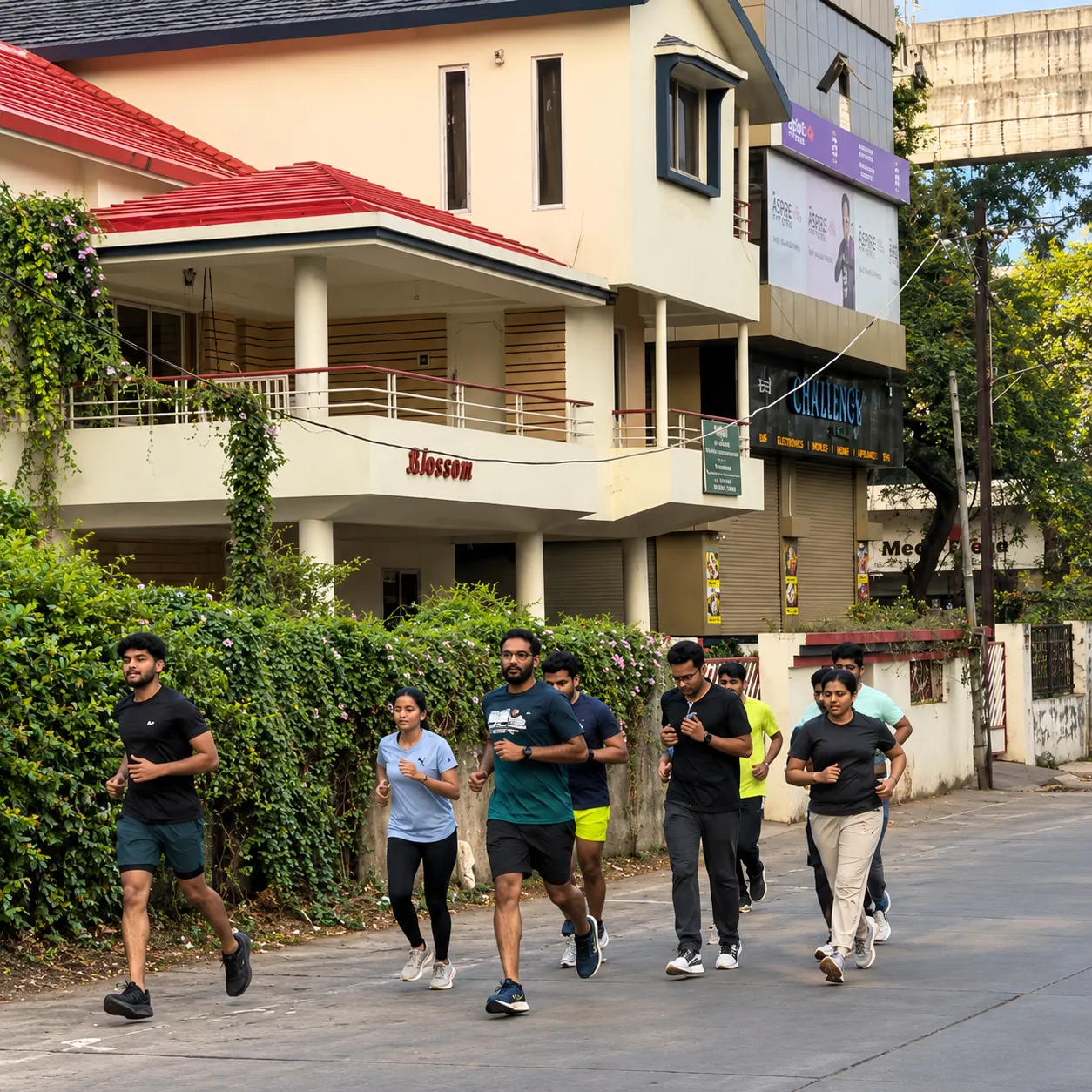 Community run group jogging along a tree-lined street