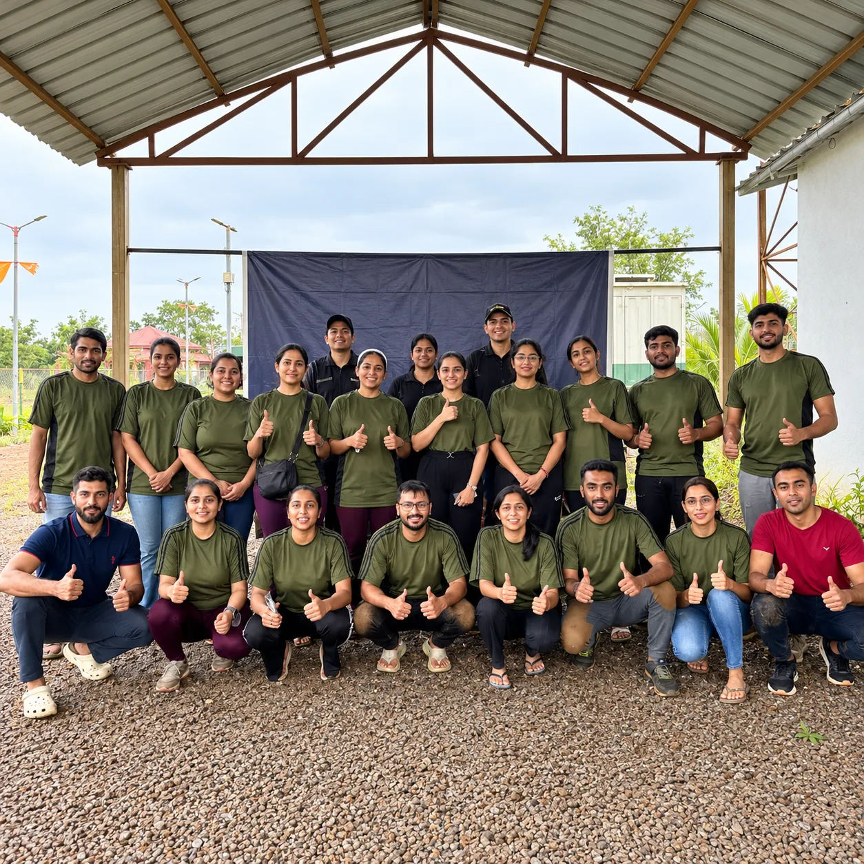 Smiling team in matching green shirts under a pavilion